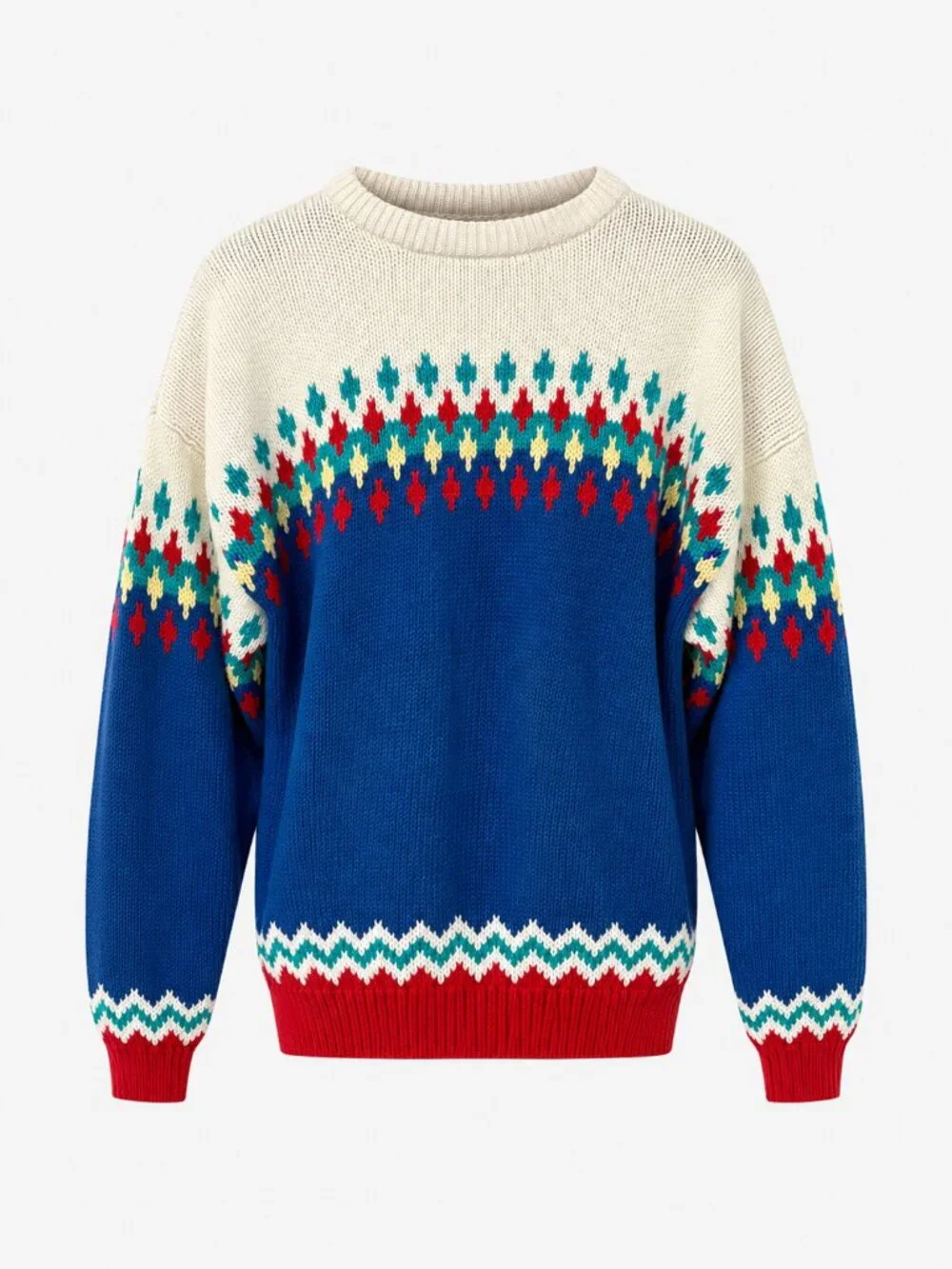 IZOD Vintage Fair Isle Cotton Sweater Blue Red Geometric Ski Crewneck Men’s L